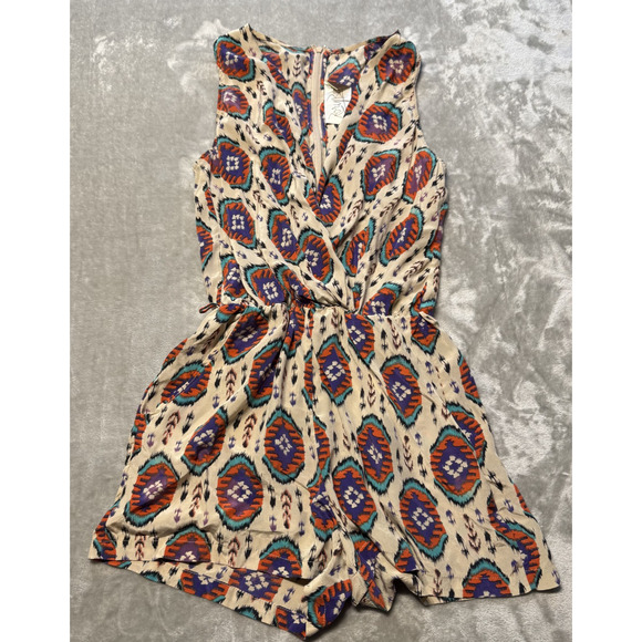 Rory Beca Romper Aztec Ikat Boho Festival Multicolor Boho V Neck 100% Silk Sz S - Picture 2 of 7